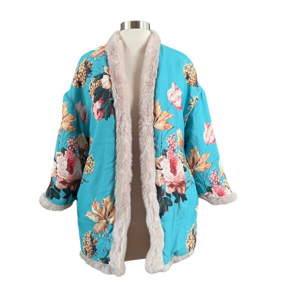 ASOS Boho Reversible Faux Fur Jacket with Reverse Floral Print (3 small flaws) - Picture 2 of 10